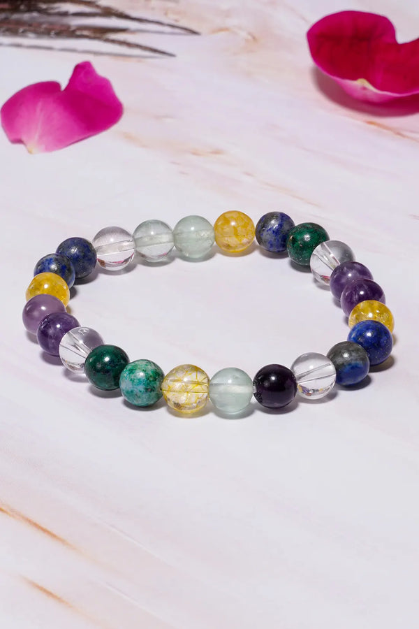 Education Bracelet with Amethyst, Fluorite, Clear Quartz and other natural crystal beads, designed for students, focus and concentration.