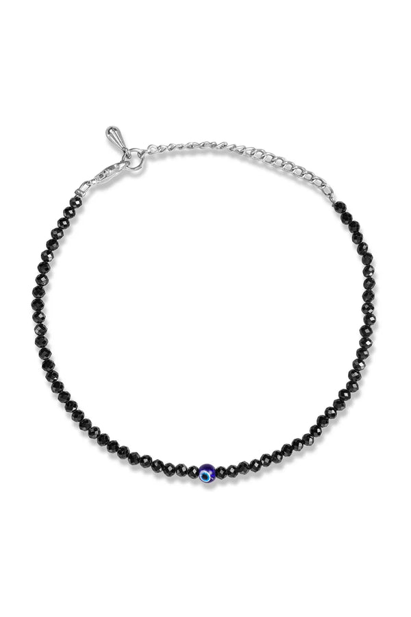 Black Tourmaline Anklet with Evil Eye