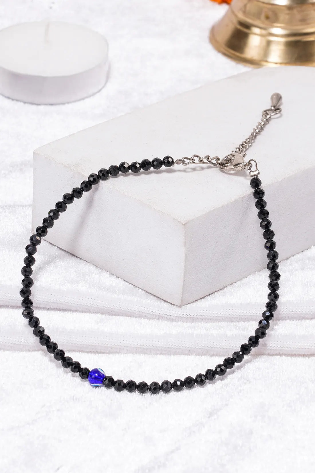 Black Tourmaline Anklet with Evil Eye