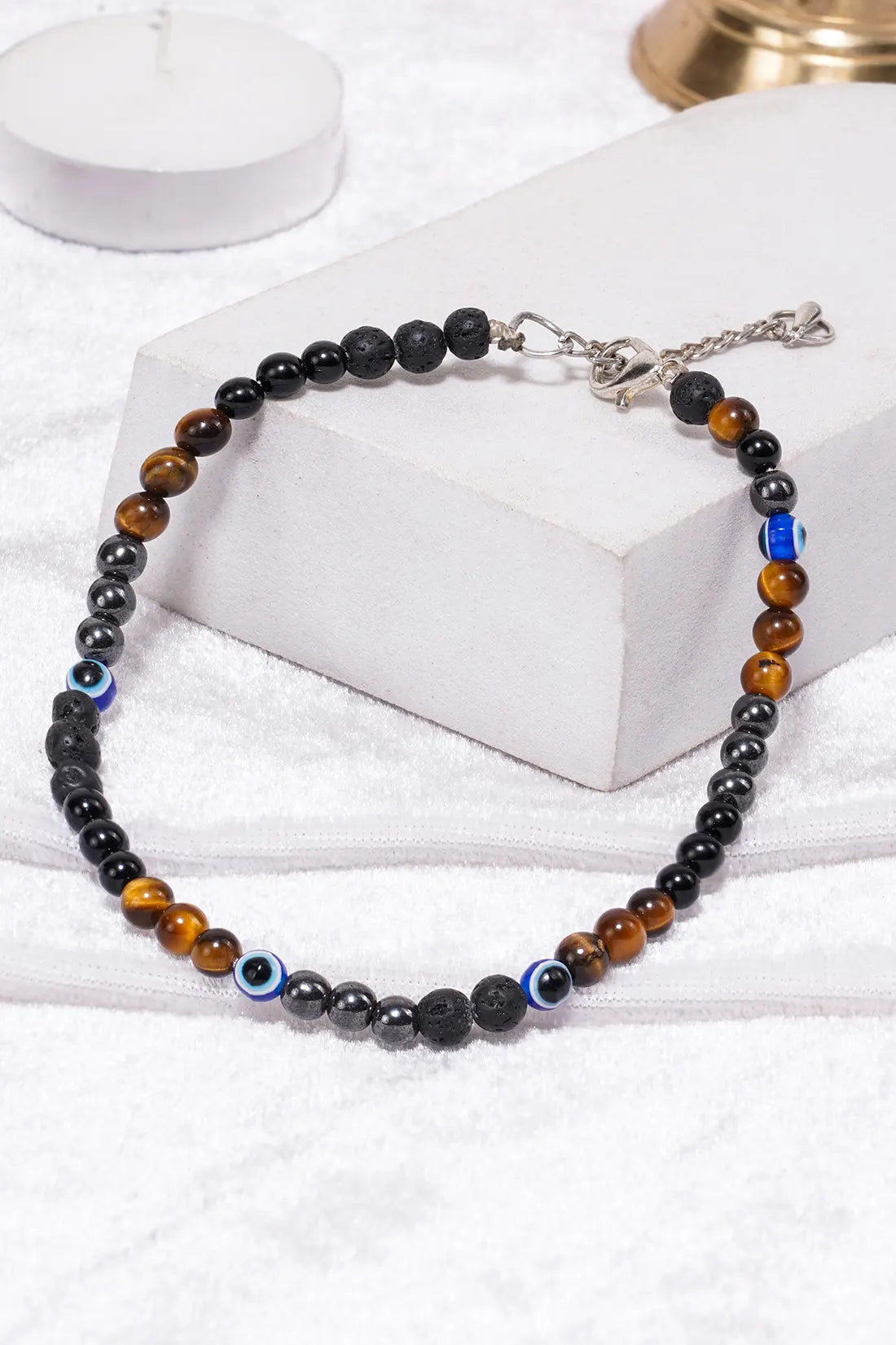 Tiger Eye, Pyrite, Evil Eye & Lava Crystal Anklet